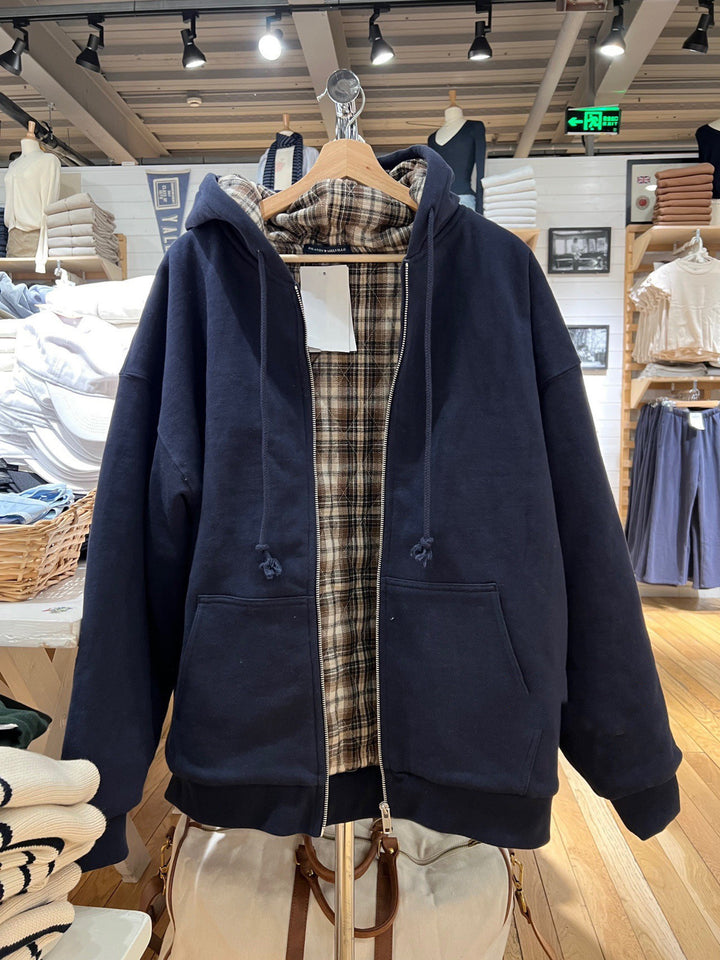 Damen lässige Kapuzenjacke mit kariertem Innenfutter Drune