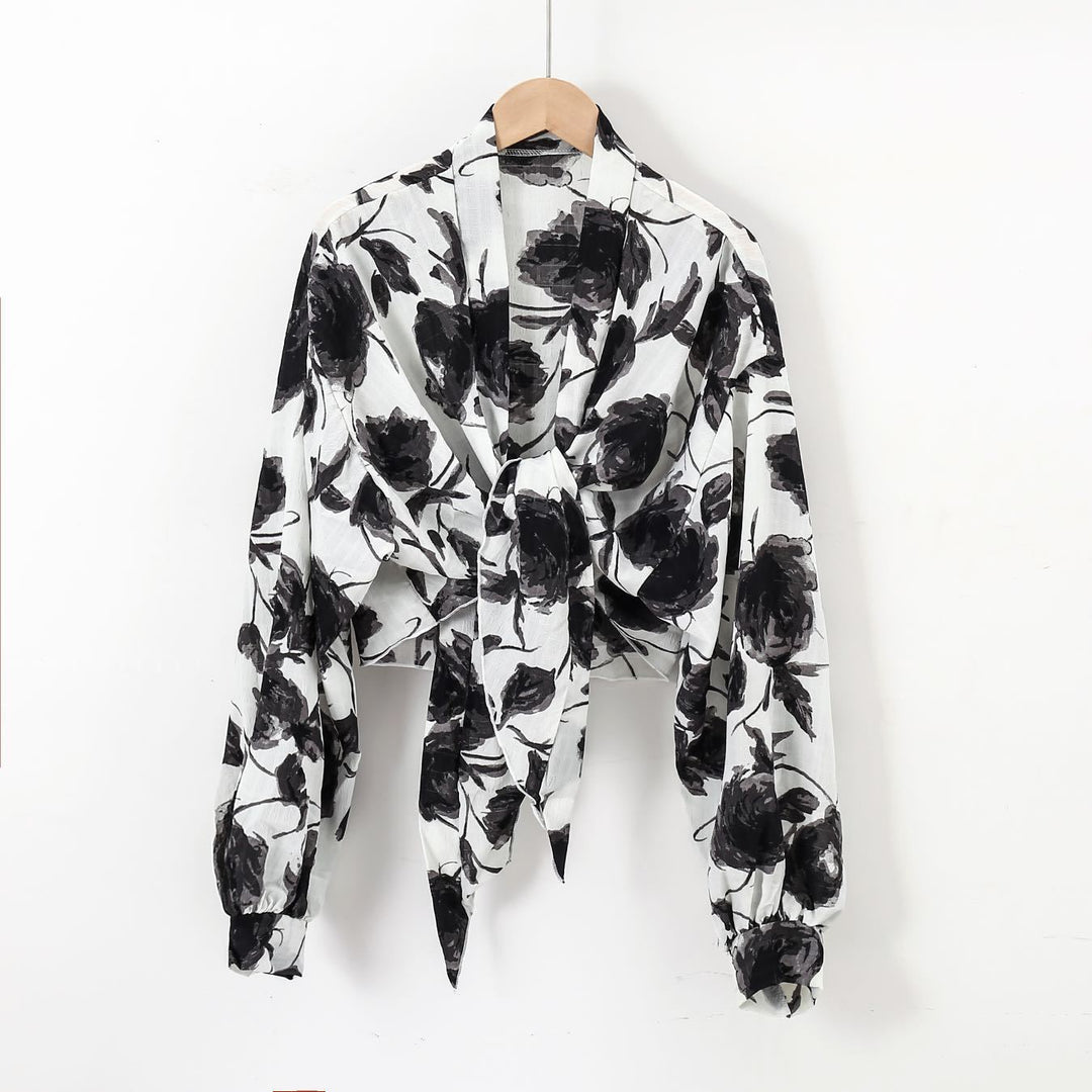 Damen nan florale Knoten-Bluse im Wickelstil mit Ballonärmeln und leichter Leinenoptik Drune