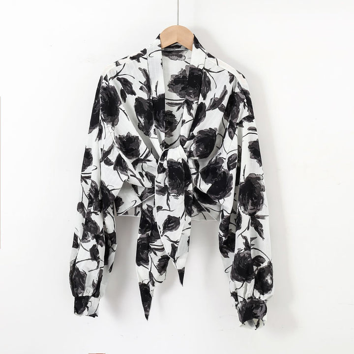 Damen nan florale Knoten-Bluse im Wickelstil mit Ballonärmeln und leichter Leinenoptik Drune