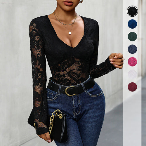 Damen Elegantes Spitzenbody mit tiefem V-Ausschnitt Drune