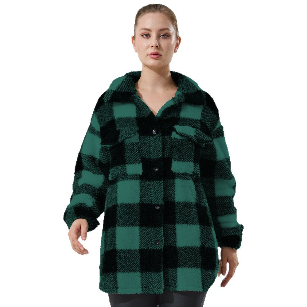 Damen Oversized Teddy-Hemdjacke mit Karomuster Drune