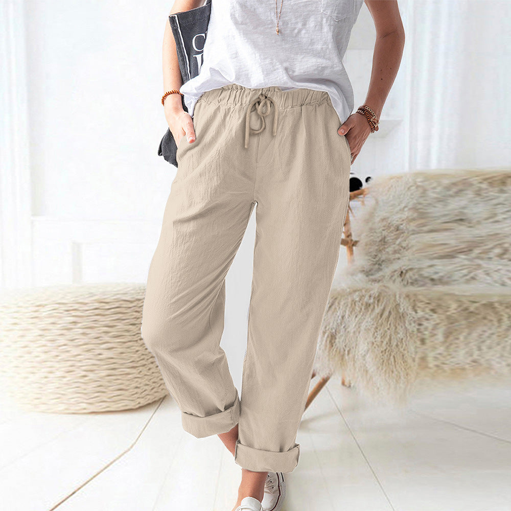 Damen Lockere Leinenoptik-Hose mit Elastischem Bund, Kordelzug und Aufgeschlagenem Saum Drune