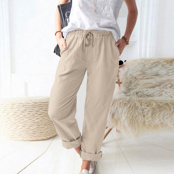 Damen Lockere Leinenoptik-Hose mit Elastischem Bund, Kordelzug und Aufgeschlagenem Saum Drune