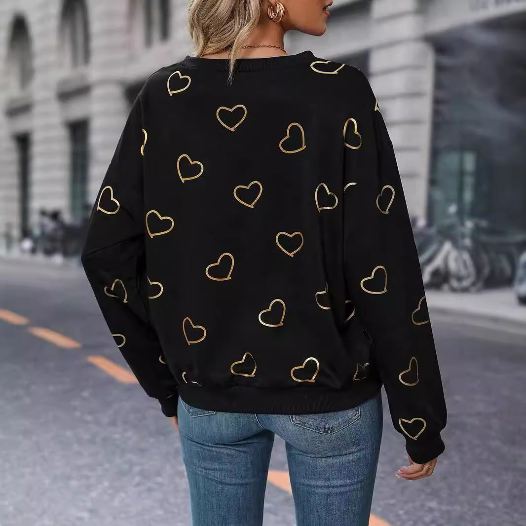 Damen nan lockeres Herzprint-Sweatshirt mit Rundhalsausschnitt und Rippbündchen Drune