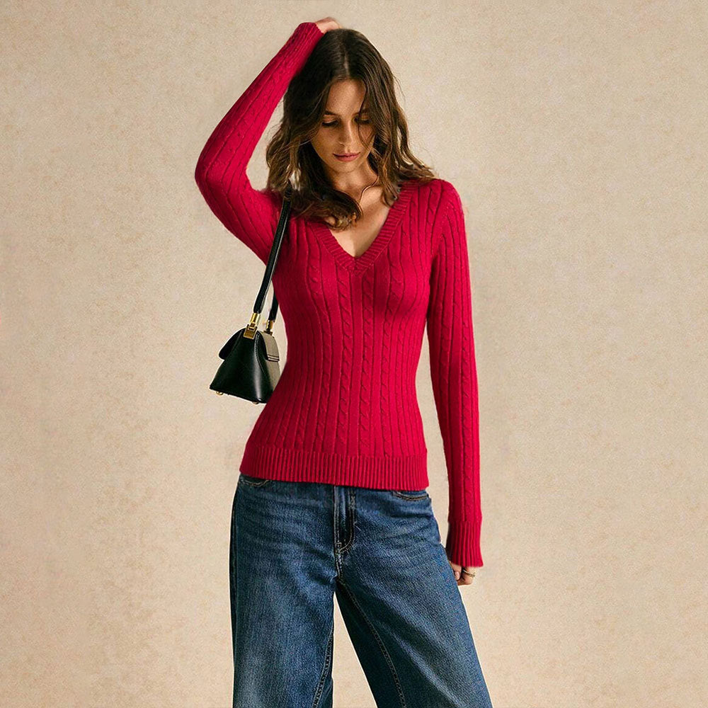 Damen figurbetonter Zopfmuster‑Pullover mit V‑Ausschnitt und taillierender Rippstruktur Drune