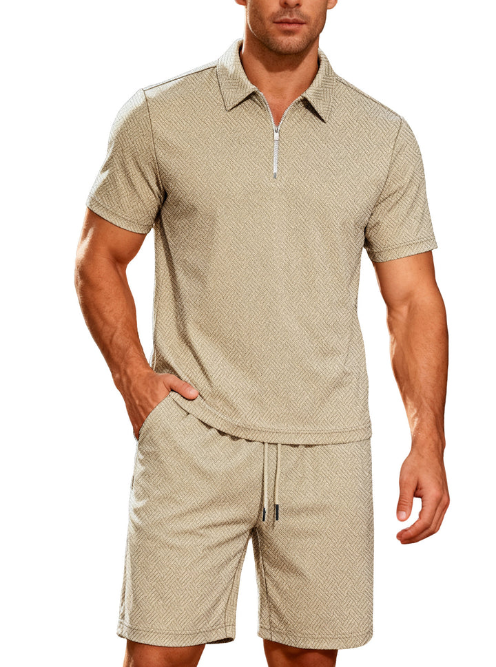 Herren nan komfortables Lounge-Zweiteiler aus strukturierter Baumwollmischung mit Halbzip-Poloshirt und Kordel-Shorts Drune