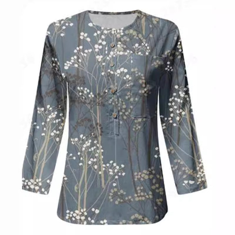 Damen Lange Ärmel Bluse mit Knopfleiste und Blumenmuster Drune