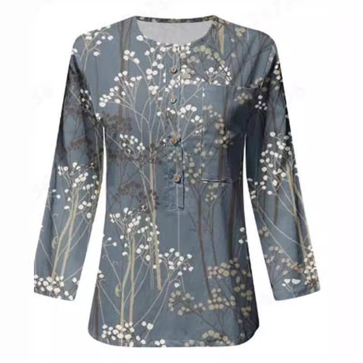Damen Lange Ärmel Bluse mit Knopfleiste und Blumenmuster Drune