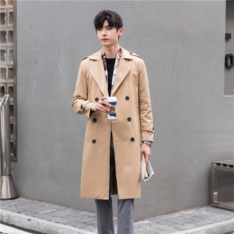 Herren Eleganter knielanger Trenchcoat aus leichtem Funktionsstoff mit Taillengürtel Drune