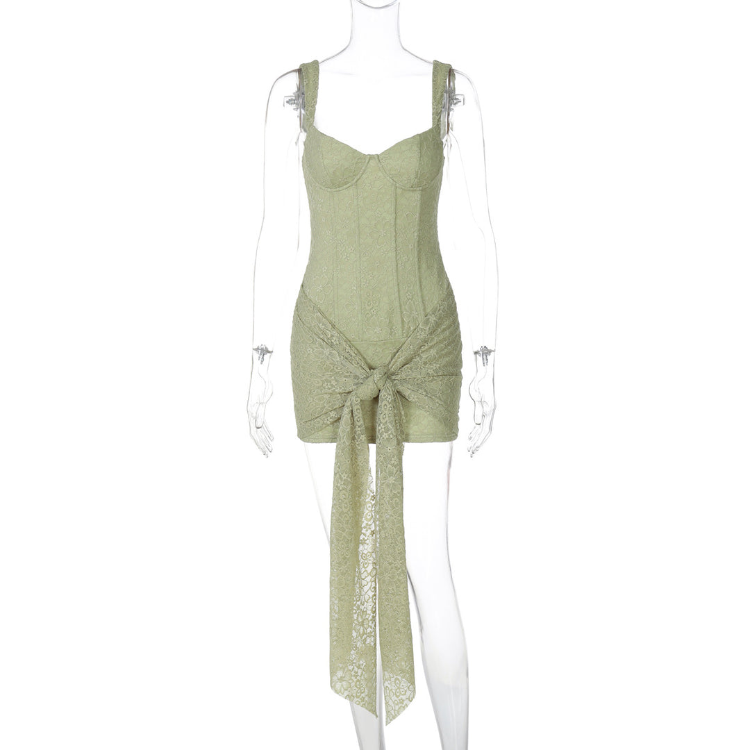 Damen Elegantes Kleid mit Spitzenverzierungen und Raffungsdetails Drune