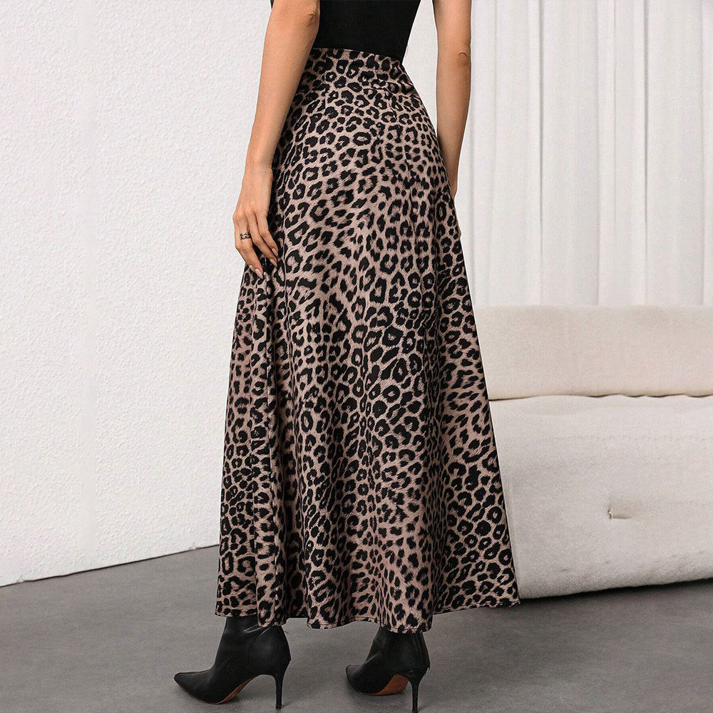 Damen Maxirock mit hohem Bund, ausgestellter A-Linie und markantem Leopardenprint Drune