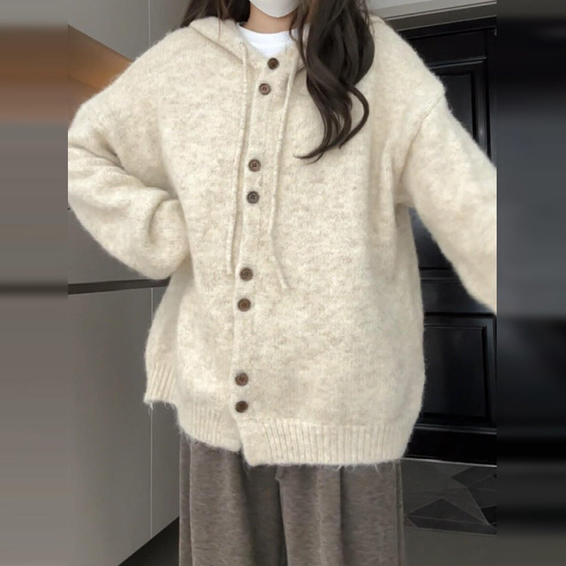 Damen Weiche Kapuzenstrickjacke mit Knopfdetails Drune