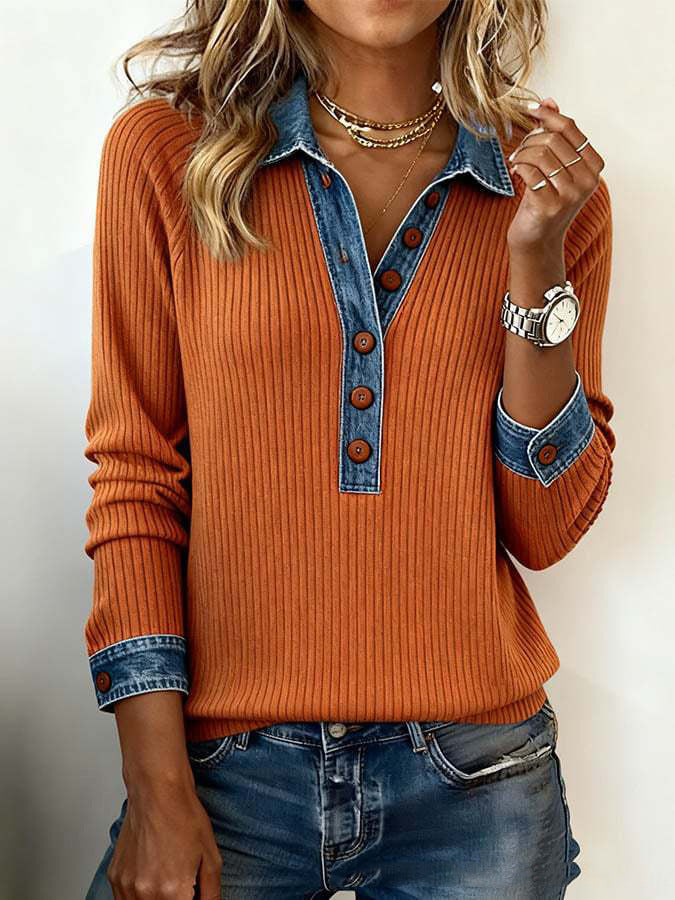 Damen Ripp-Strickpullover mit Denim-Besatz, Hemdkragen und dekorativer Knopfleiste Drune