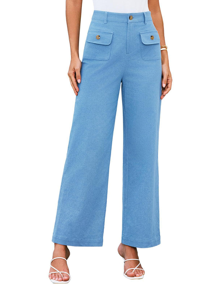 Hochtaillierte Damen-Trousers mit weitem Bein und Knopfklappen-Pattentaschen Drune