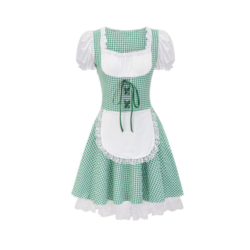 Damen nan Trachtenkleid im Vichy-Stil mit Puffärmeln, Schnürkorsett und Spitzenschürze Drune
