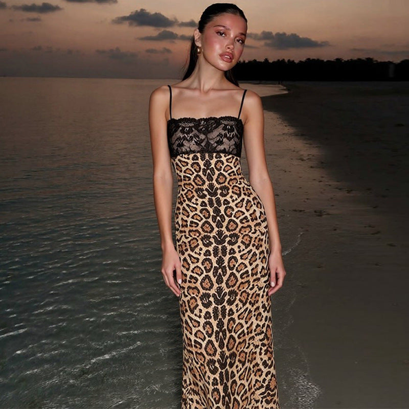 Damen Elegantes und verführerisches Leopardenspitzenkleid Drune