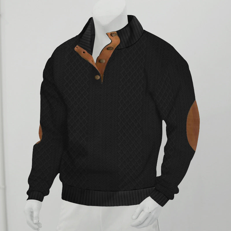 Herren Strukturiertes Zopfmuster-Henley-Pullover mit Lederbesatz an Ellbogen & Knopfleiste Drune