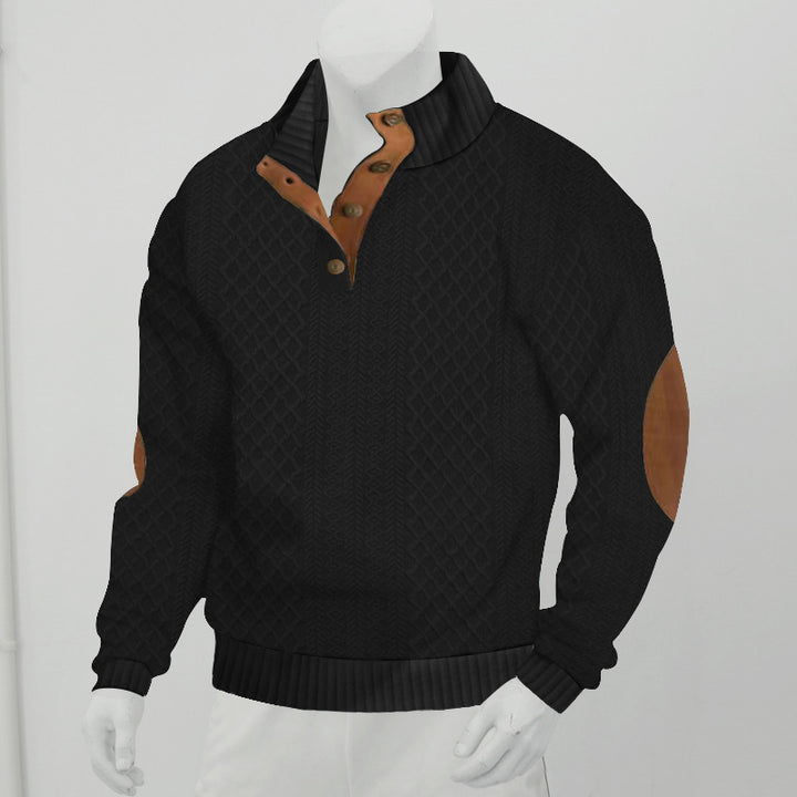 Herren Strukturiertes Zopfmuster-Henley-Pullover mit Lederbesatz an Ellbogen & Knopfleiste Drune