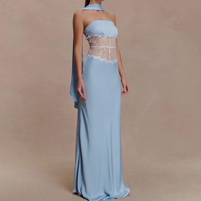 Damen Hochwertiges Abendkleid mit floralem Spitzenoberteil Drune