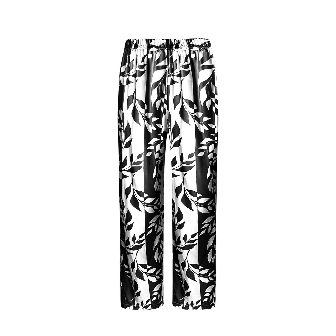 Damen Zweiteiler Offener Longcardigan mit Langarm und Palazzo‑Hose mit Blattprint Drune
