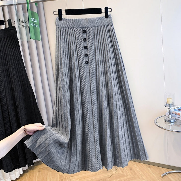 Damen Plissierter Maxirock mit Knopfdetails und feinem Wellenmuster Drune