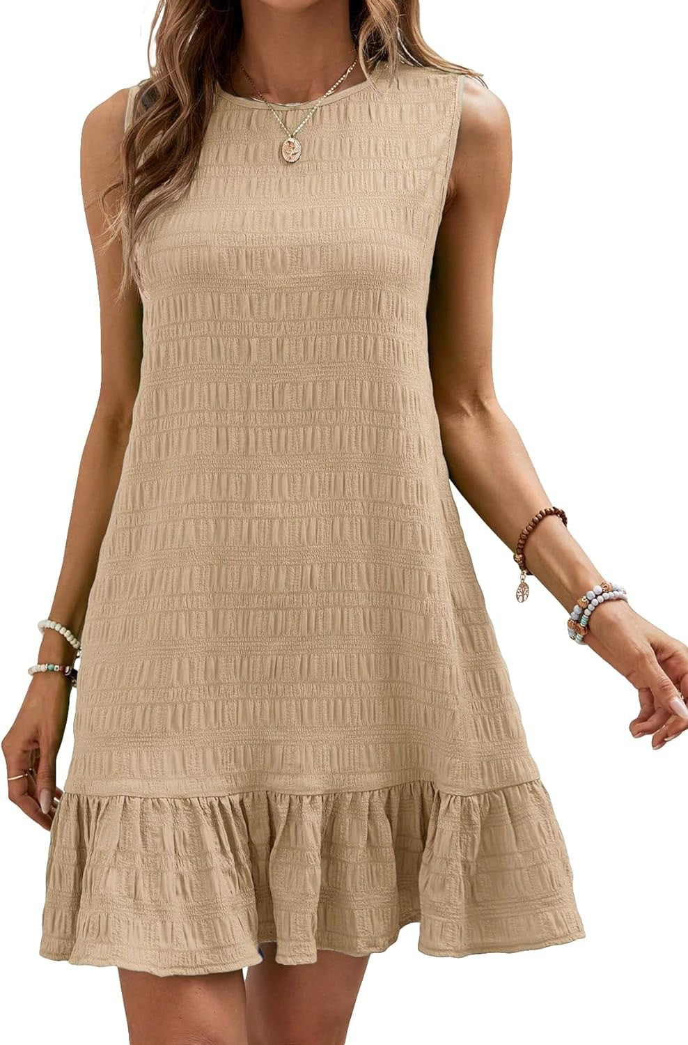 Damen ärmelloses Sommerkleid mit Rüschensaum und strukturierter Oberfläche Drune