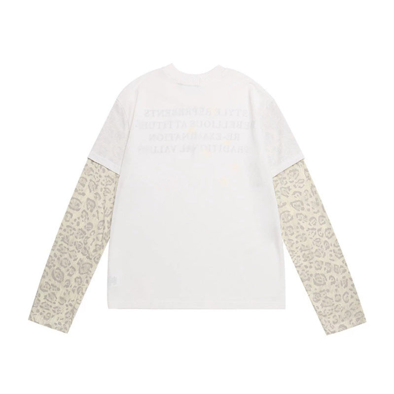 Damen Lagen-Langarmshirt mit Kontrastärmeln im Leo-Muster und Statement-Print Drune