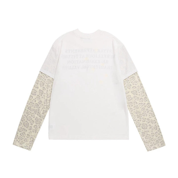 Damen Lagen-Langarmshirt mit Kontrastärmeln im Leo-Muster und Statement-Print Drune