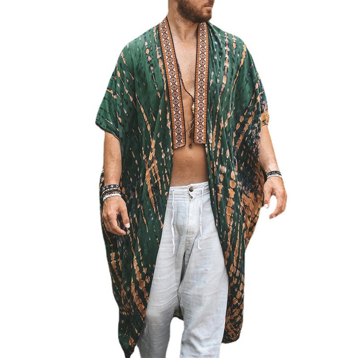 Herren Langer Batik-Kimono aus leichter Viskose mit Ornamentbesatz Drune