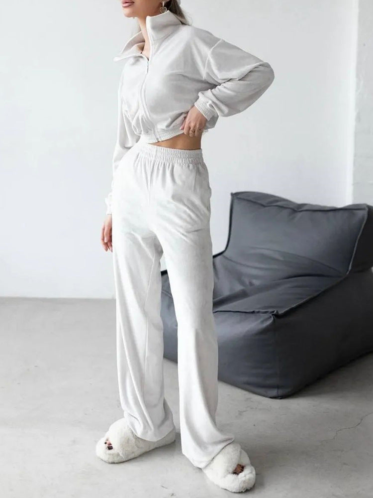Damen luxuriöses Velours Lounge-Set mit kurzem Reißverschlussjacke und hochtaillierter Gummibund-Jogger Drune