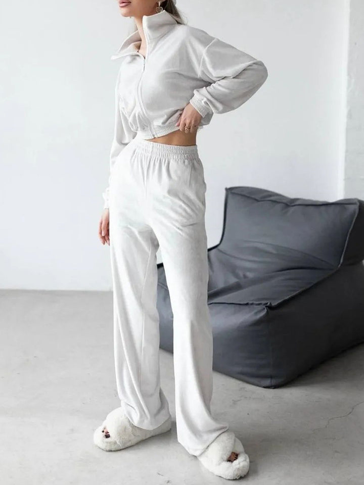 Damen luxuriöses Velours Lounge-Set mit kurzem Reißverschlussjacke und hochtaillierter Gummibund-Jogger Drune