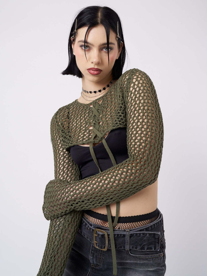 Damen luftiger Netzpullover mit Bindebändern Drune
