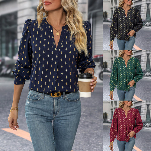 Damen Bedruckte Viskose-Bluse mit Rautendruck, Stehkragen und Ballonärmeln Drune