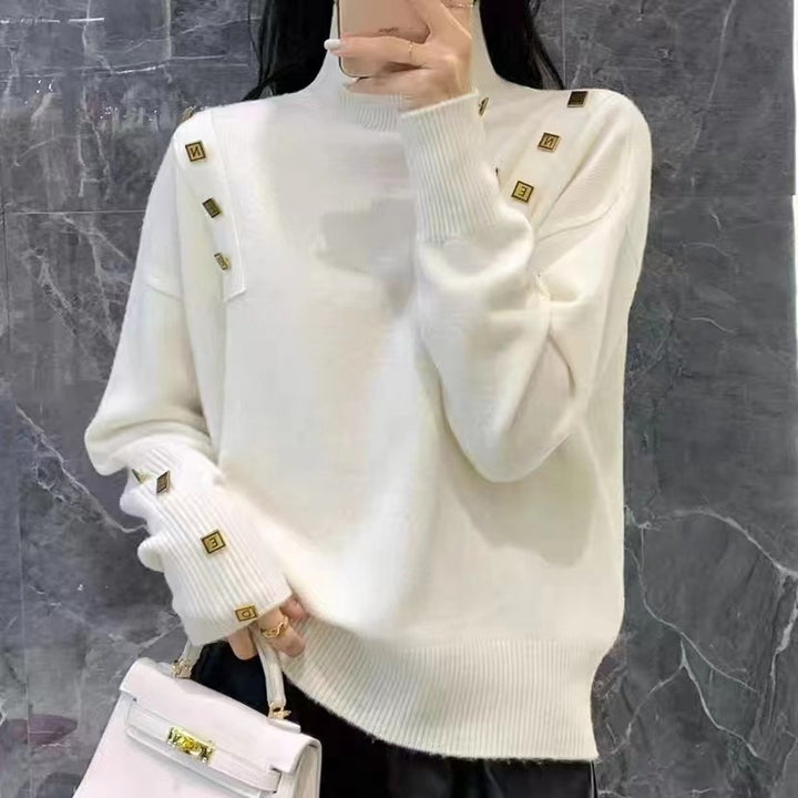 Damen modischer Rollkragenpullover mit dekorativen Knopfdetails Drune