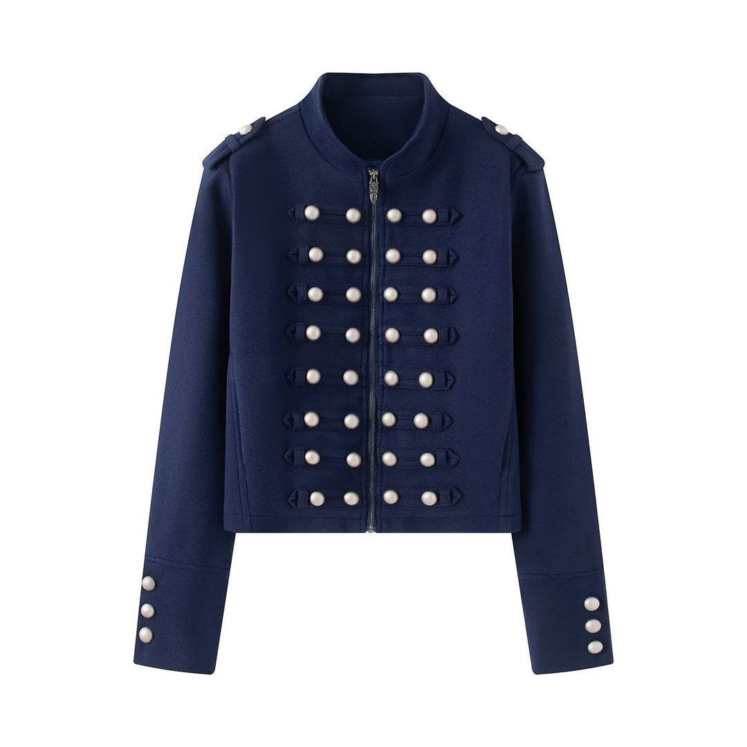 Damen Kurzgeschnittene Militärjacke mit Perlenbesatz und Stehkragen Drune