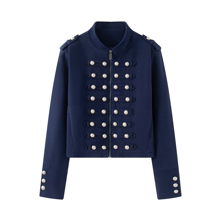 Damen Kurzgeschnittene Militärjacke mit Perlenbesatz und Stehkragen Drune