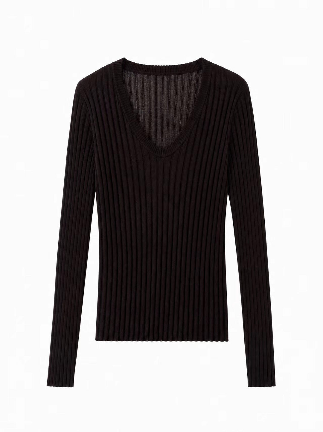 Damen Enges Feinstrick-Longsleeve mit tiefem V-Ausschnitt und breiter Rippenstruktur Drune