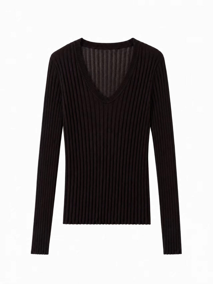 Damen Enges Feinstrick-Longsleeve mit tiefem V-Ausschnitt und breiter Rippenstruktur Drune