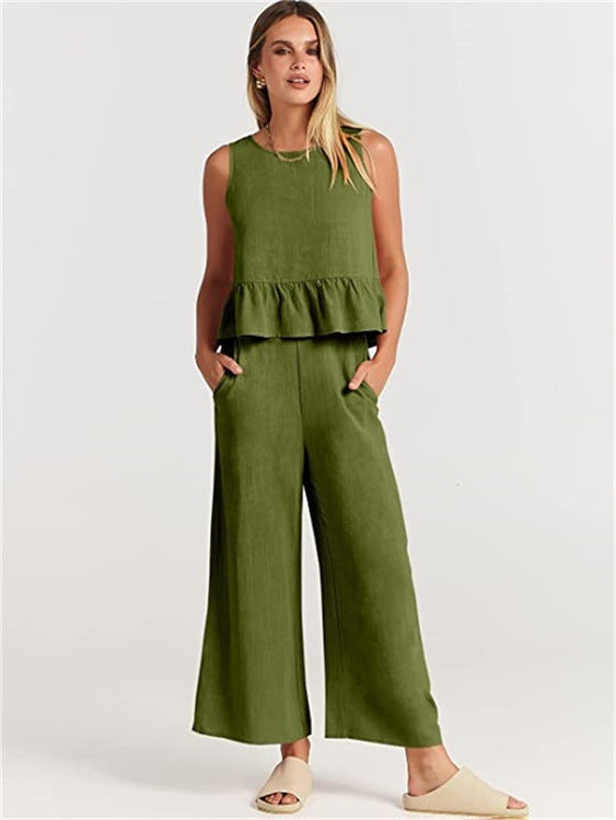 Damen Zweiteiler-Set mit schickem Peplum-Oberteil und weit geschnittenen Hosen Drune