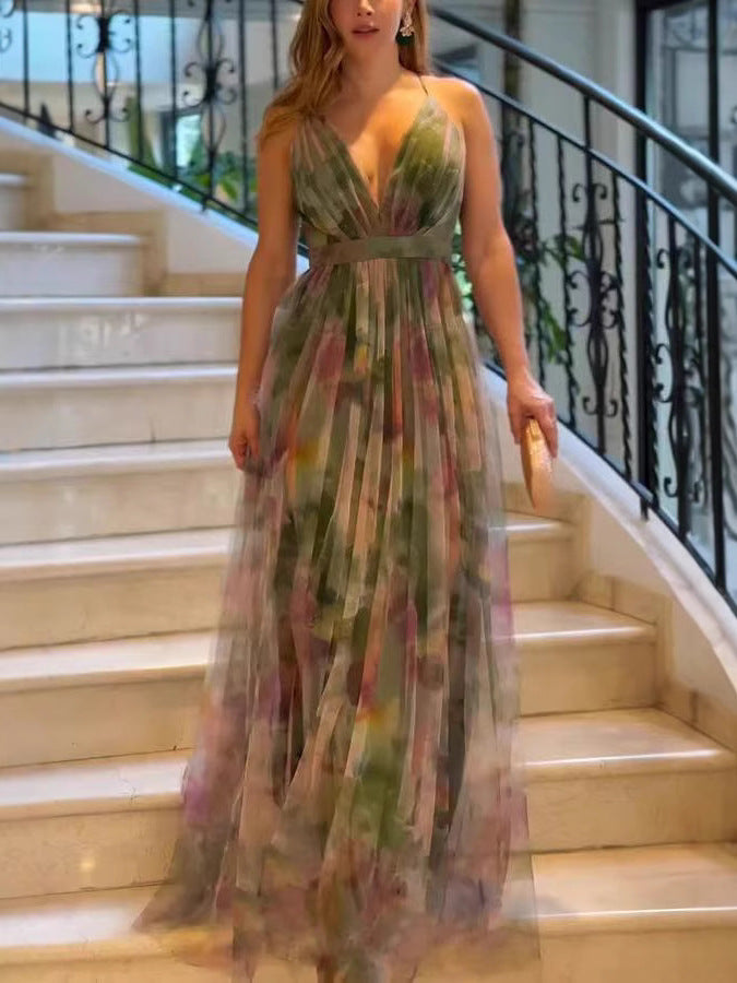 Damen Elegantes Maxikleid mit schwingendem Rock und raffiniertem V-Ausschnitt Drune