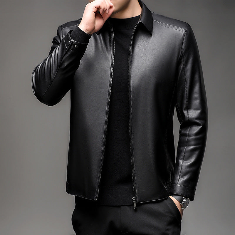 Herren Glattes Lederimitatjacke mit verdecktem Reißverschluss und Hemdkragen Drune