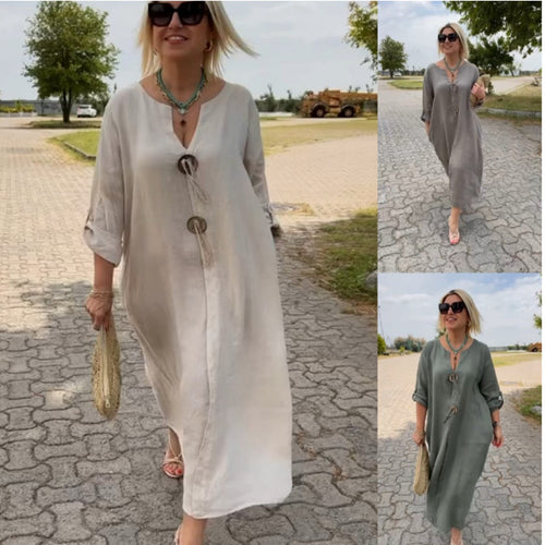 Damen Lange Leinen Look Kaftan Kleid mit Holerring Dekorbändchen und Roll-Up Drei-Viertel Ärmeln Drune