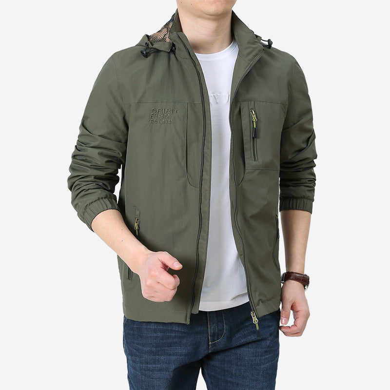 Herren Windabweisende Microfaser-Utilityjacke mit Kapuze und Mehrfach-Reißverschlusstaschen Drune