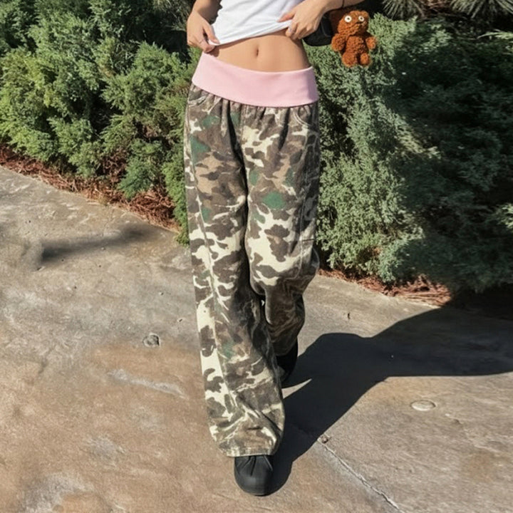 Damen nan weite Lounge-Hose mit Umschlagbund, Camouflage‑Muster und elastischem Komfortstretch Drune
