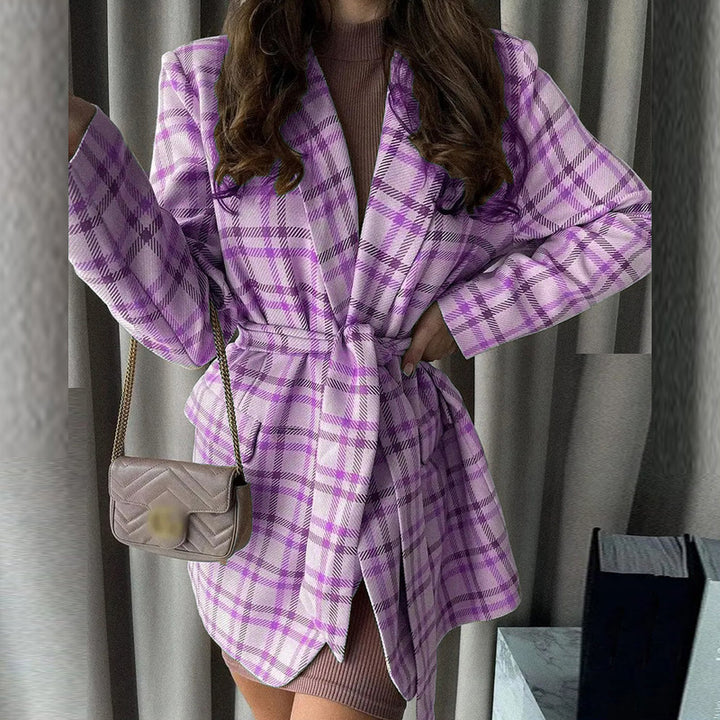 Damen Oversize karierter Mantelblazer mit Taillengürtel und aufgesetzten Taschen Drune