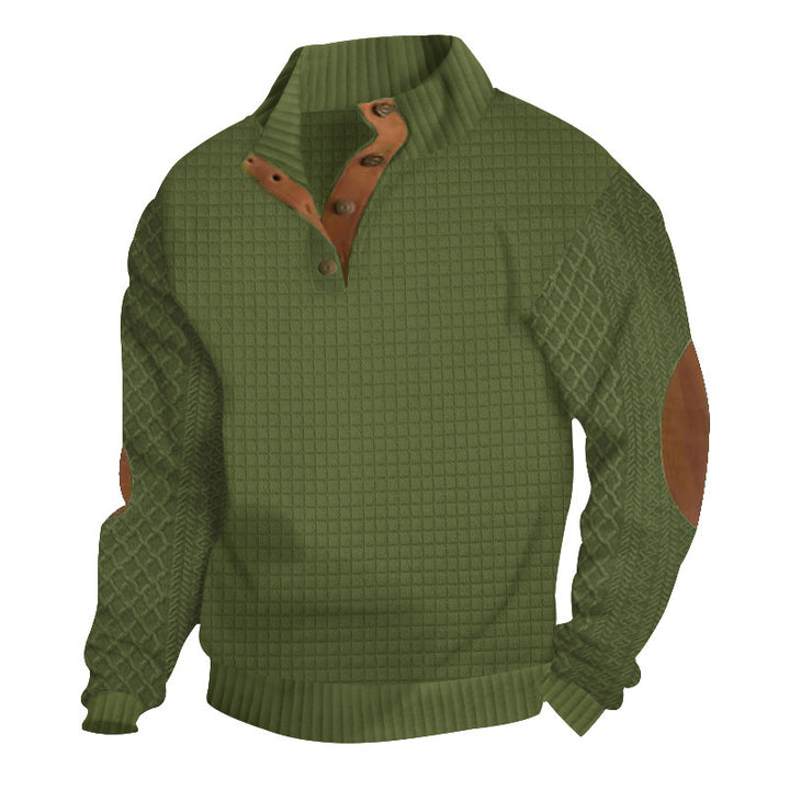 Herren Waffelstrick-Halbzip-Pullover mit Stehkragen Lederbesatz und Ellbogenpatches Drune
