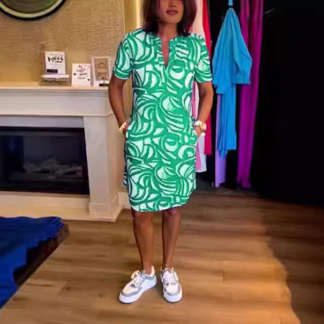 Damen Kurzarm Hemdkleid mit modernen grafischen Mustern und praktischen Eingrifftaschen Drune