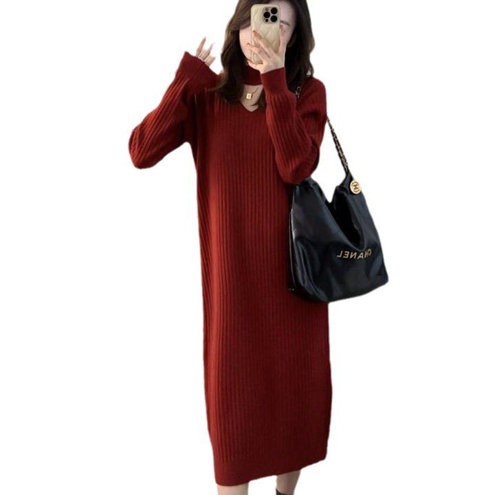 Damen Strickkleid mit tiefem V-Ausschnitt und strukturiertem Rippdesign Drune