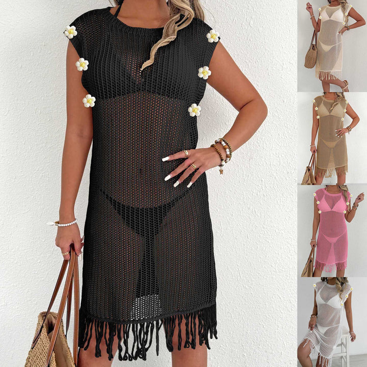 Damen luftiger Netzstrandkleid mit Fransen Drune