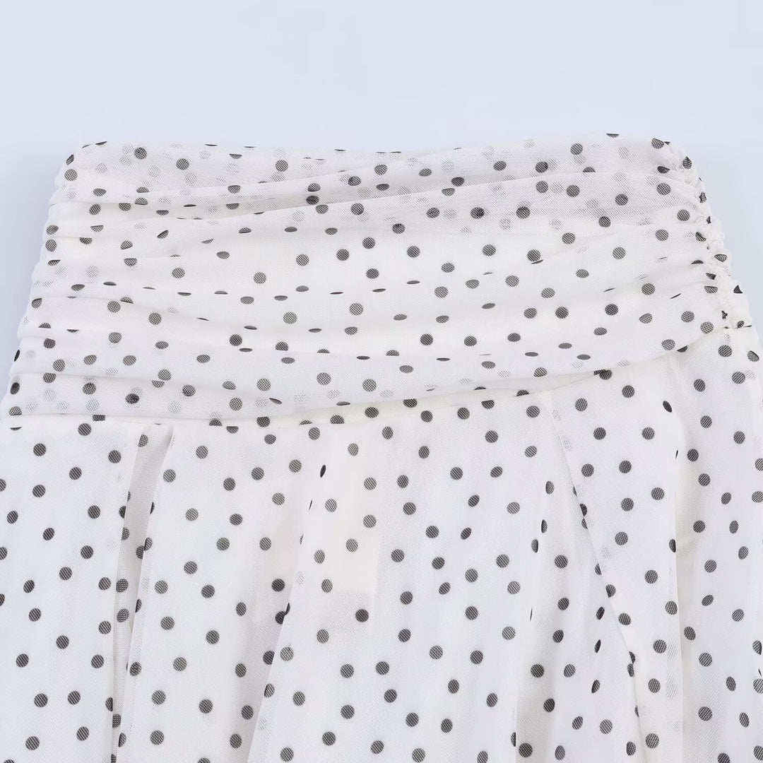 Damen Polka-Dot Midirock mit hohem Bund, A-Linie und mehrlagigem Chiffon Drune